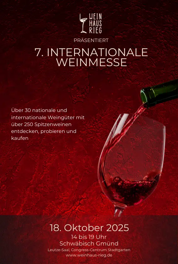 Plakat miti Textbeschreibung und einem Glas in das aus einer Flasche Wein eingeschenkt wird